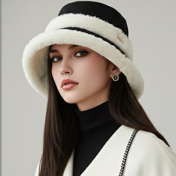 Fuzzy Faux Fur Bucket Hat Black - Picture 3 of 5